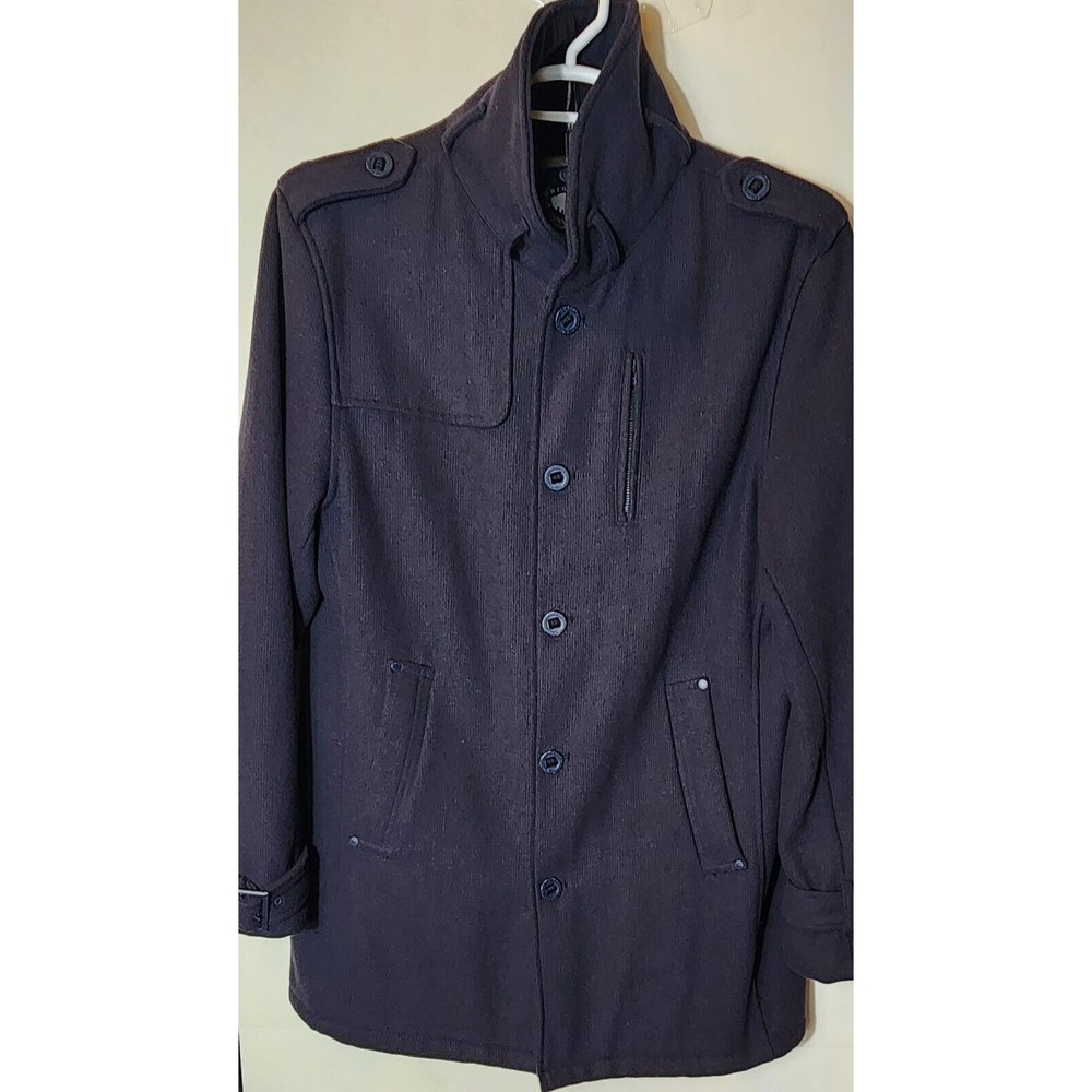 Buffalo David Bitton Long Navy Blue Wool Pea Coat Chest Pocket Inside Pockets‎
